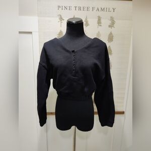 Oak + Fort Black Long Sleeve Henley Top | Size S | Minimalist Crop